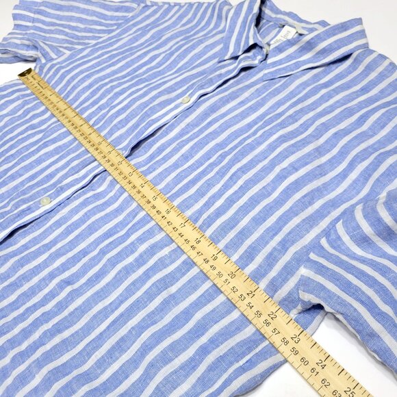 H&M Womens 100% Linen Button Down Top Size L Short Sleeve Blue Striped Coastal - Picture 7 of 11